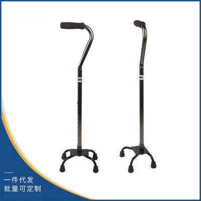 工廠批發(fā)彎把鋁合金四腳拐杖老人防滑手杖可調(diào)高低直把四角手杖
